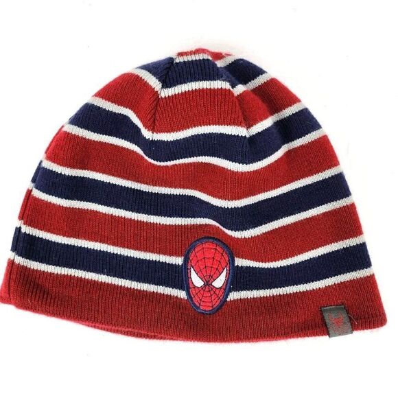 Marvel Spiderman Reversible Winter Beanie Hat Burgundy Red/Navy Striped One Size - Picture 1 of 7